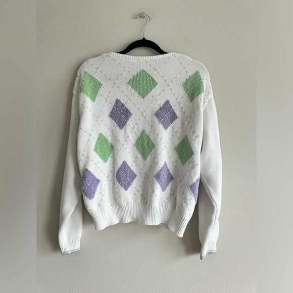 Vintage 90 Liz Golf White Argyle Print Knit Button Up Cardigan Sweater | Size L - Picture 5 of 6